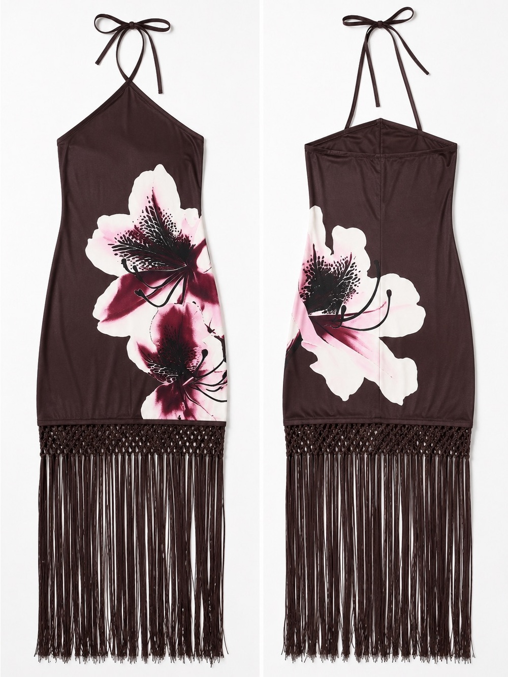 NWT Peppermayo Niahvette Halter Maxi Dress Velvet Bloom Brown Floral Fringe Sz 4